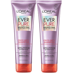 L’Oréal Paris EverPure frizz-defy shampoo bottle with marula oil for humidity protection.