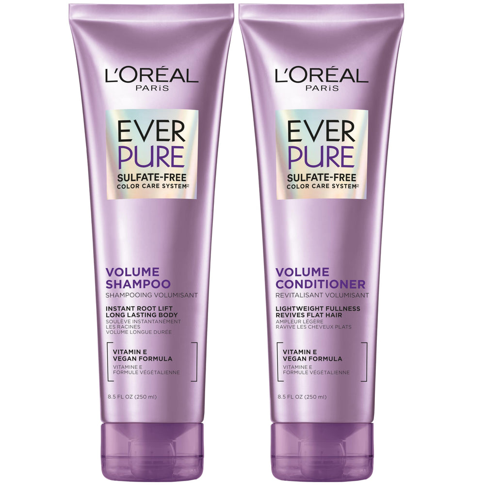 L’Oréal Paris EverPure Volume Shampoo bottle adds lift to fine hair.