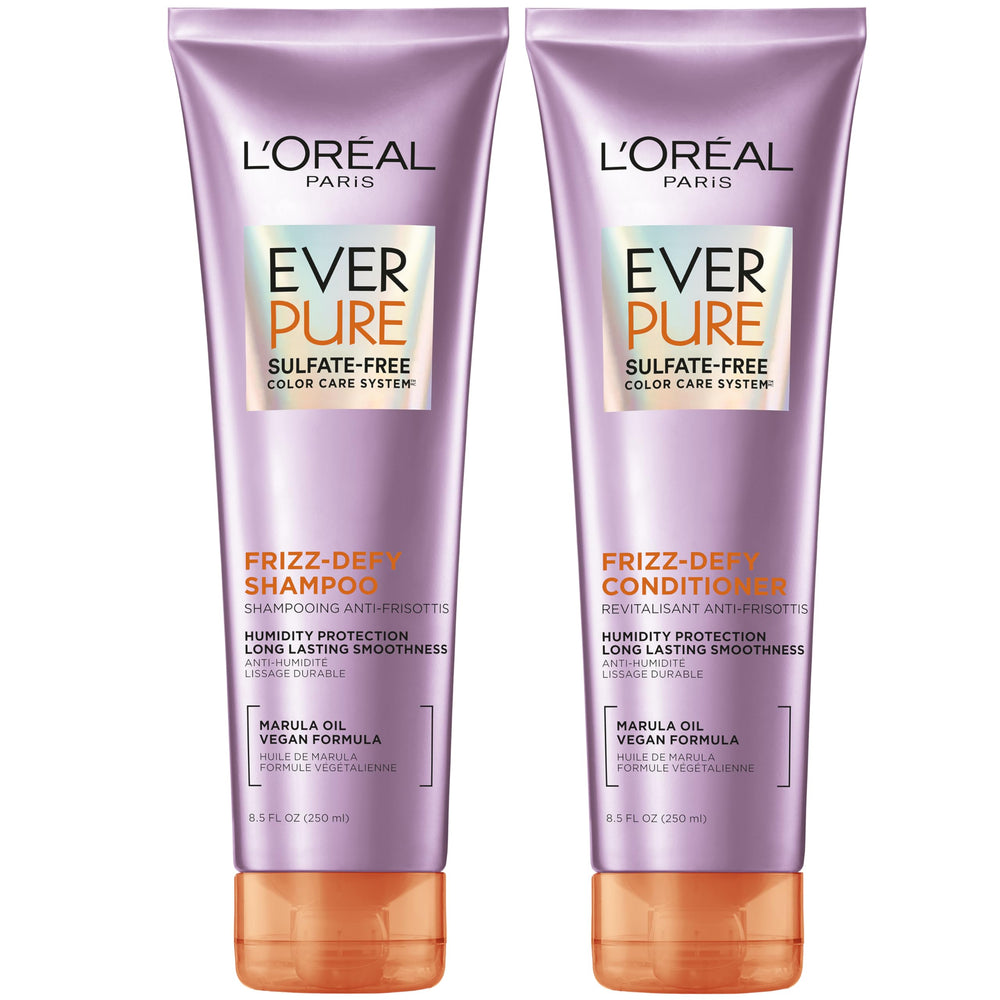 L'Oreal Paris Frizz Defy Shampoo bottle highlighting color protection.