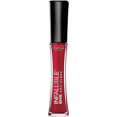 L'Oreal Paris Infallible Lip Gloss Red Fatale swatch for eight-hour shine.
