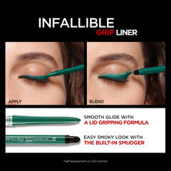 Close-up of pencil tip highlights precise, clean strokes on emerald green liner.