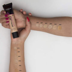 L'Oreal Paris Infallible Total Cover pump dispense demonstrates controlled amount for lightweight, consistent application.
