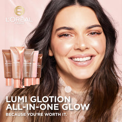 L'Oreal Paris Lumi Glotion texture swirl shows luminous, natural tint on skin.