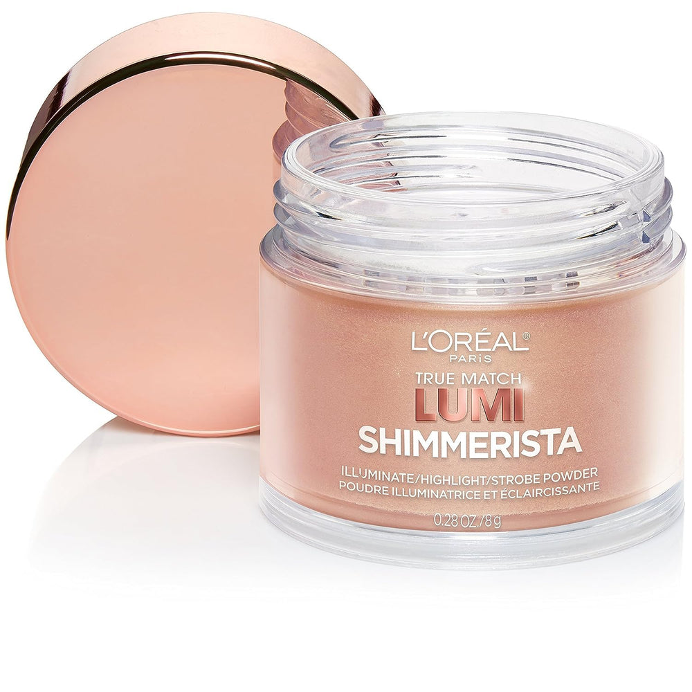 L'Oreal Paris Lumi Shimmerista Sunlight highlights cheeks with a rose-gold iridescent glow.