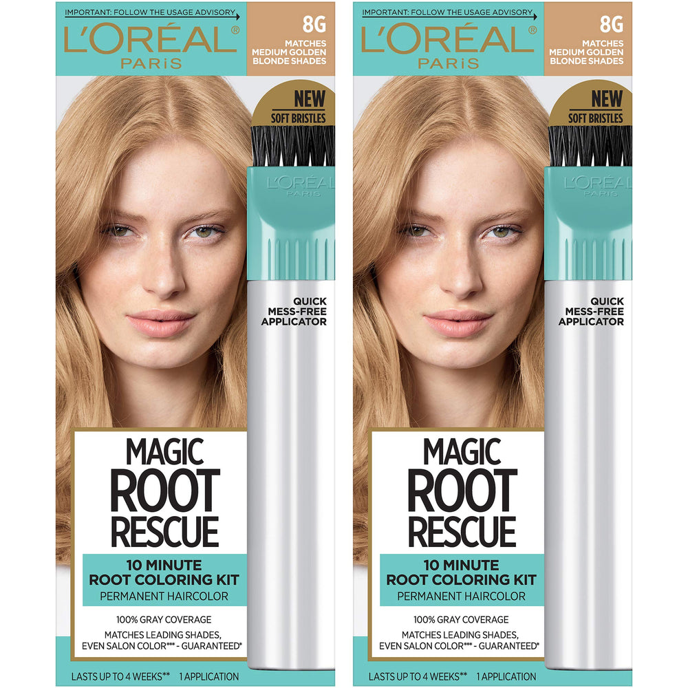 L'Oreal Paris Magic Root Rescue kit box shows quick root touch-up for busy mornings.