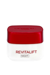 L'Oreal Paris RevitaLift Night Cream jar with frankincense delivers overnight hydration and anti-wrinkle care.