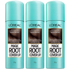 L'Oreal Paris Root Cover Up spray in medium brown hides gray roots between salon visits.