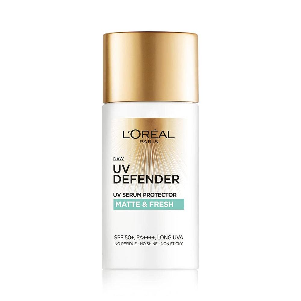 L’Oréal Paris UV Defender Matte bottle demonstrates broad protection and a matte finish.
