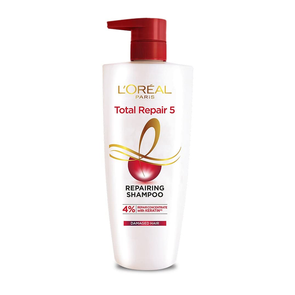 L'Oreal Paris Total Repair 5 shampoo bottle on shelf for daily cleansing and refreshed hair.