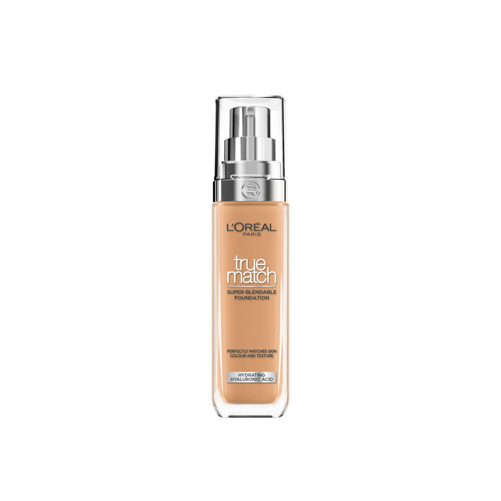 L'Oreal Paris True Match bottle close-up with a sleek profile for natural-looking skin.