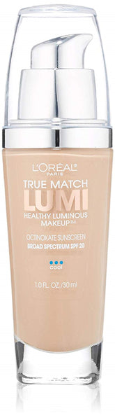 L'Oreal Paris True Match Lumi bottle close-up showing a luminous natural finish.