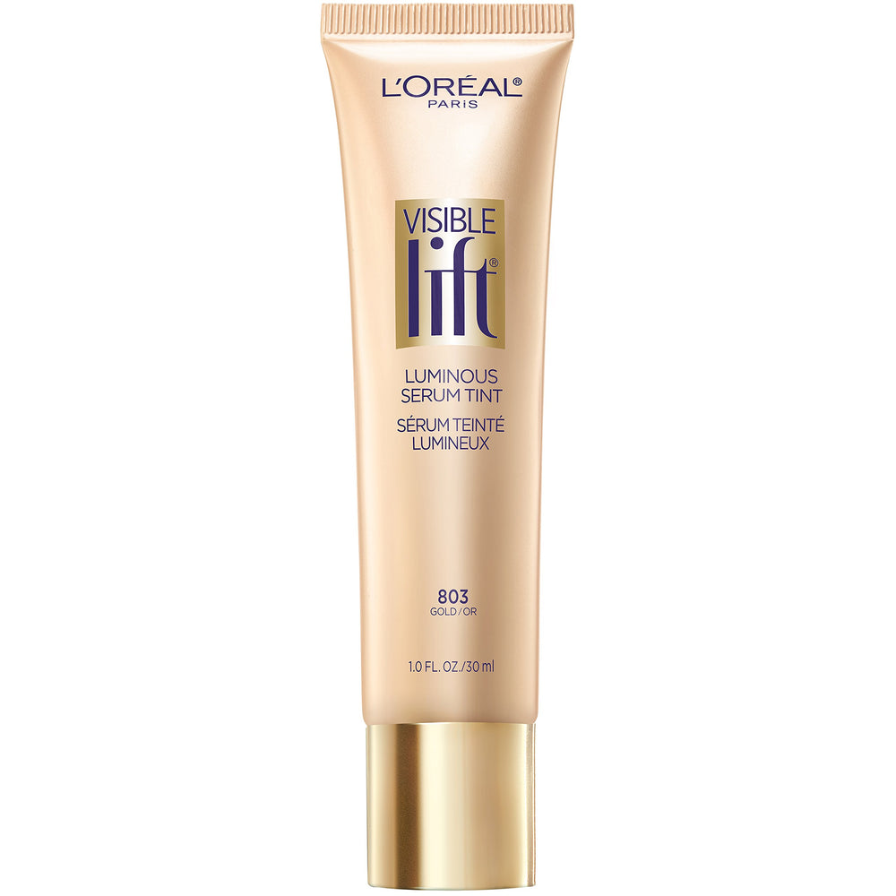 L'Oreal Paris Visible Lift Luminous Serum Tint gold bottle delivers instant hydration and radiance.
