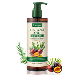 Lorrnyee Batana Oil Shampoo bottle pour highlights the rich, sulfate-free formula for smoother hair