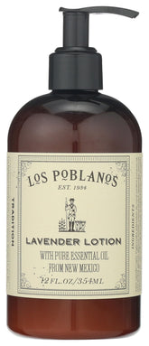 Los Poblanos Lavender Lotion bottle front for lightweight hydration and a calming aroma.