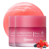 Loske sleeping lip mask berry packaging highlights dual-pack for overnight nourishment.