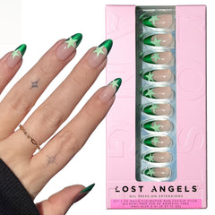 Lost Angels I Don’t Care nails with green metallic French tip and star art for chic daily wear