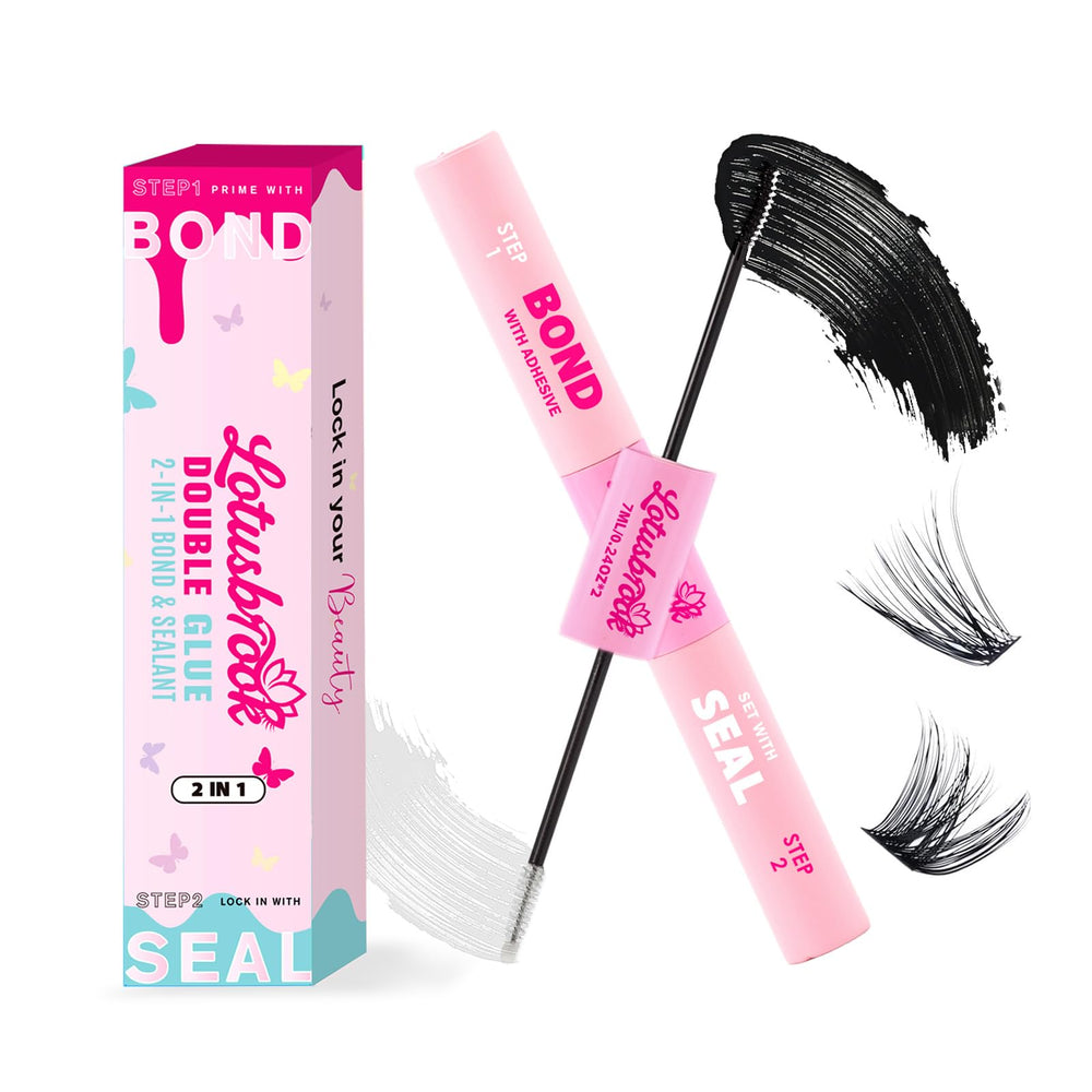 Lotusbrook Lash Bond & Seal bottle demonstrates the 2-in-1 function for long-lasting lash clusters.