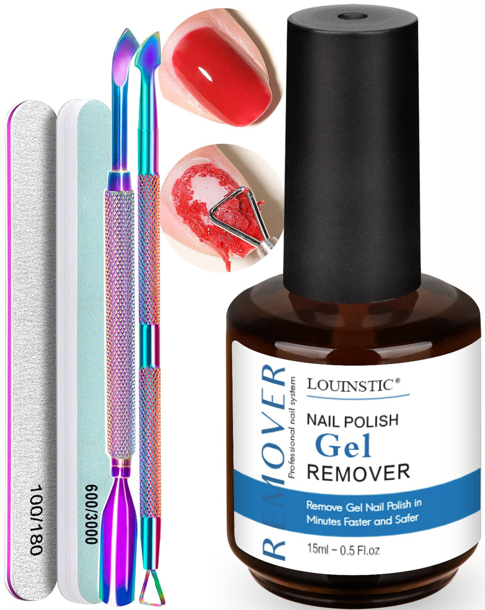 Louinstic gel nail polish remover bottle enables quick, non-acetone polish removal at home.