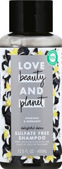 Close-up label emphasizes bergamot scent and vegan, sulfate-free formulation for clearer hair.