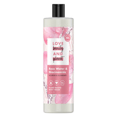 Love Beauty and Planet Rose Water & Niacinamide bottle with plant-based formula nourishing skin.