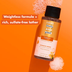 Love Beauty And Planet Vitamin B3 complex close-up emphasizes bond-strengthening actives for hair.