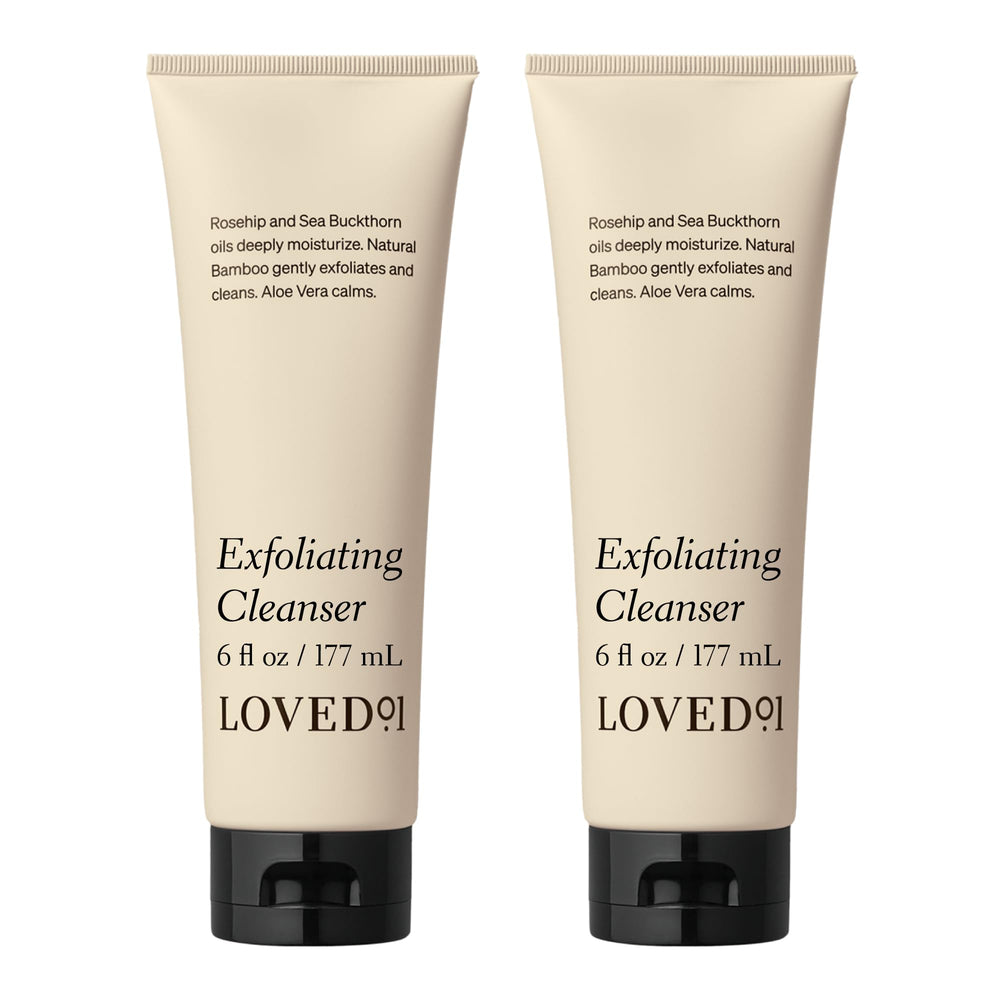 Loved01 exfoliating cleanser bottle for gentle face and body cleansing.