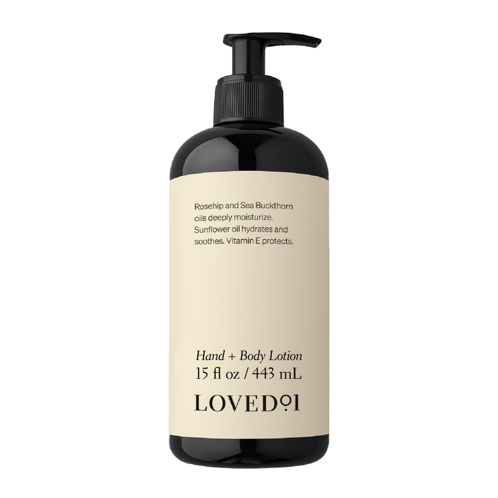 Loved01 Hand and Body Lotion bottle pump shown for fast absorption and daily hydration.