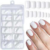 LoveOurHome white press-on nails in a short square shape for fast at-home manicures.