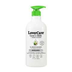Lovercare Goat Milk Body Lotion avocado bottle demonstrating fast-absorbing, non-greasy hydration