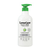Lovercare Goat Milk Body Lotion bottle front illustrates rich hydration for dry skin