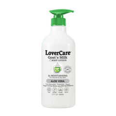 Lovercare Goat Milk Body Lotion bottle front illustrates rich hydration for dry skin