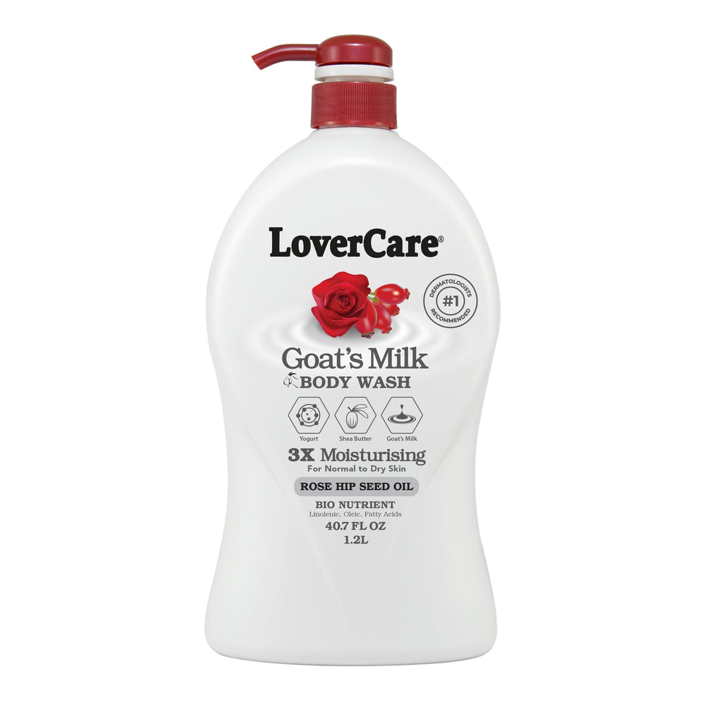 Lover's Care Goat Milk Body Wash bottle with rose hip seed oil, nourishing skin.