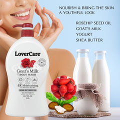 Lover's Care Goat Milk Body Wash closeup shows creamy texture and fragrance.