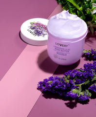 LOVERY ingredients image featuring Vitamin E, Shea Butter, and Jojoba Oil for nourishment