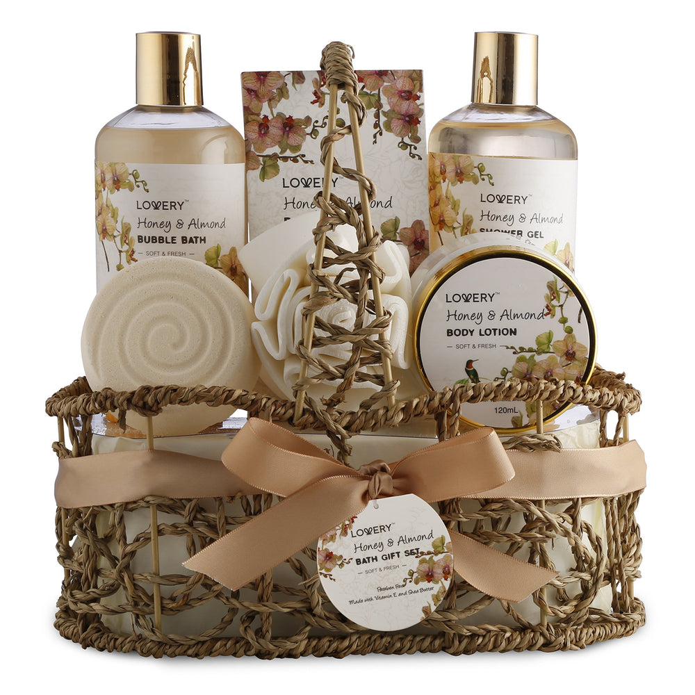 LOVERY Honey & Almond shower gel in a luxury spa gift basket for refreshing skin.