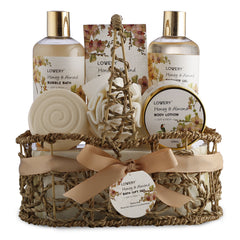 LOVERY Honey & Almond shower gel in a luxury spa gift basket for refreshing skin.