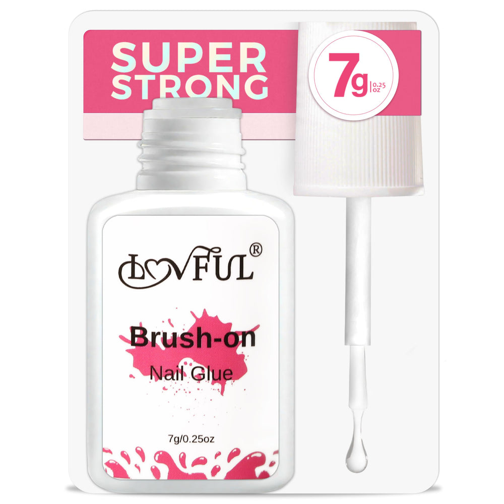 LOVFUL Extra Strong brush-on nail glue cap close-up for precise application.
