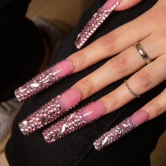 LOVFUL handmade full-crystal nails with pink tips for elegant daily wear.