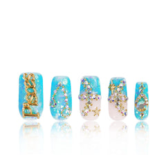 LOVFUL Pisces Blue French Tip nails with crystal accents for an elegant look.
