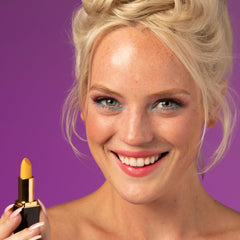 L’Paige LYW coral satin finish swatch on lips highlights color shift