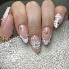 LPOODDNU 3D almond press-on nails with white French tip and floral accents for DIY manicure.