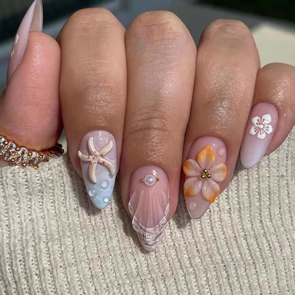 LPOODDNU 3D embossed flower press-on nails with almond shape for durable at-home style