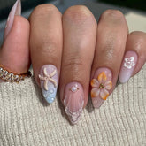 LPOODDNU 3D embossed flower press-on nails with almond shape for durable at-home style