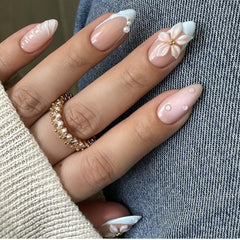 LPOODDNU almond flower pearl nails in box for quick at-home manicure