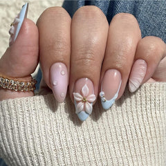 LPOODDNU almond flower pearl nails close-up with French tip for daily wear