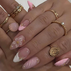 LPOODDNU embossed flowers and gold beads add texture and luxury to nails