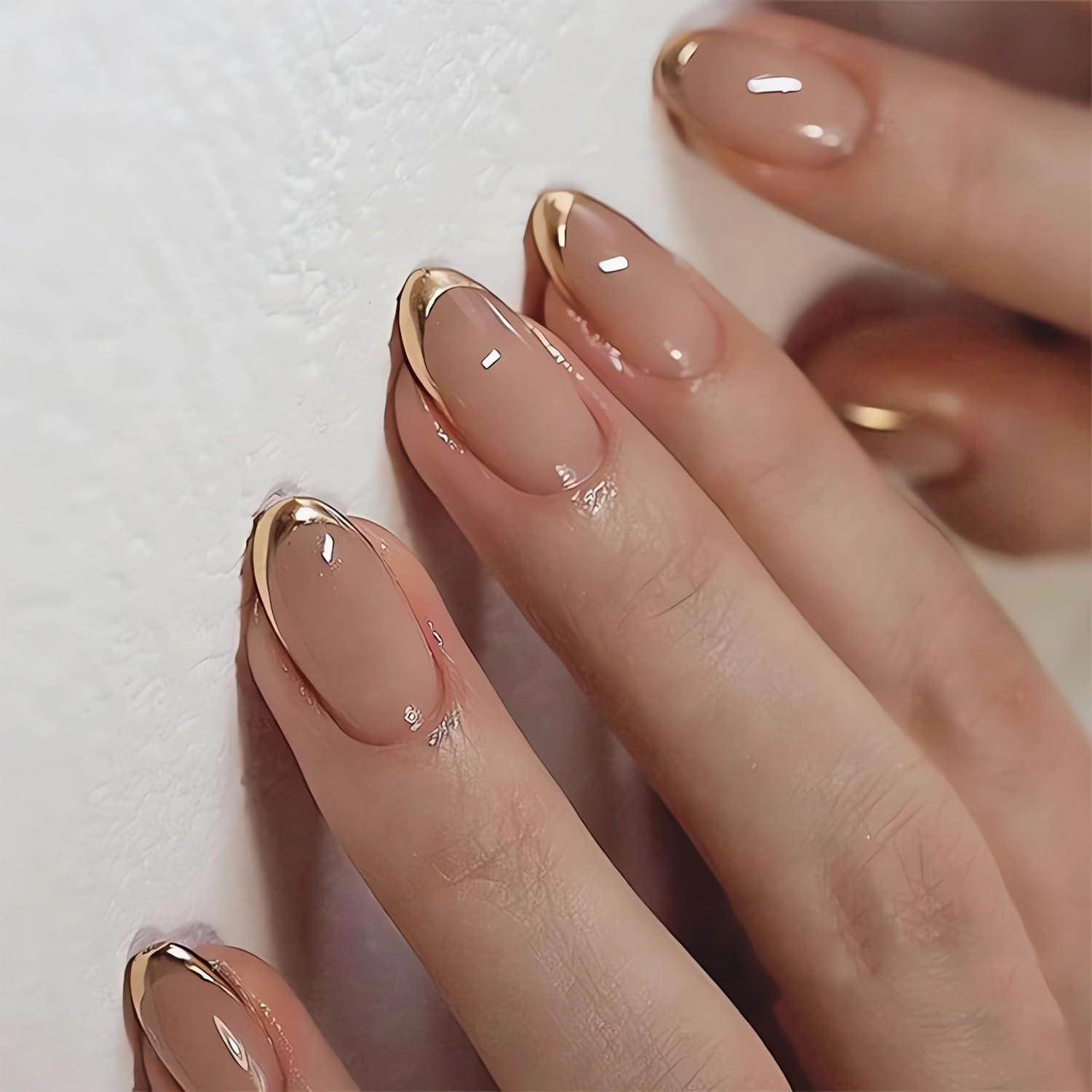 LPOODDNU French tip almond nails with glossy pink finish for at-home salon look.