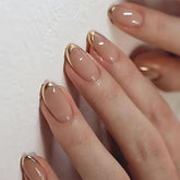 LPOODDNU French tip almond nails with glossy pink finish for at-home salon look.