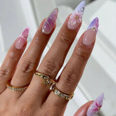 LPOODDNU purple pink press-on nails almond with 3D embossed flowers for chic manicure