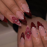 LPOODDNU Red French Tip Almond nails with 3D crystals for glam home manicure